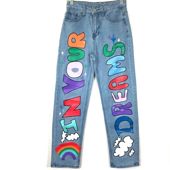 “In Your Dreams” Graffiti “Painted” High Waist Mom Jeans Size Small - Picture 1 of 8